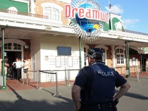 A police officer stands in front of the Dreamworld theme park on Gold Coast on October 25, 2016, after four people were killed when a park ride malfunctioned. Four people were killed at a theme park on Australia's popular Gold Coast on October 25, police said, with witnesses describing how "everyone was screaming" after a raft apparently flipped on a malfunctioning water ride. / AFP / Tertius Pickard (Photo credit should read TERTIUS PICKARD/AFP/Getty Images)