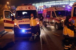 epa05669798 Ambulances are present at the scene after an explosion around Vodafone Arena Stadium in Istanbul, Turkey, 10 December 2016. At least 20 people were wounded in what the Interior Ministry called a car bomb attack after two explosions were heard outside Besiktas Stadium. EPA/SEDAT SUNA